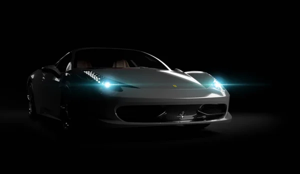 Almaty, Kazachstán. Juli 25, 2019: Ferrari 458 Italia Pininfarina. luxusní stylové superauto na tmavém pozadí. 3D vykreslení — Stock fotografie