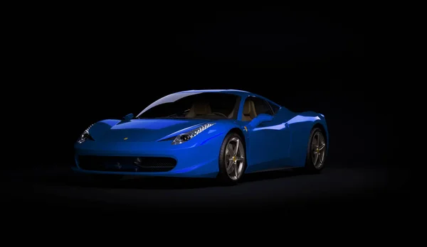 Almaty, Kazakstan. 25 juli 2019: Ferrari 458 Italia Pininfarina. lyx elegant superbil på mörk bakgrund. 3D-återgivning — Stockfoto