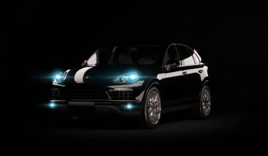 Almaty, Kazakistan. 28 Temmuz 2019: Porsche cayenne 958, koyu renkli, siyah arka planda lüks bir araba. 3d hazırlayıcı