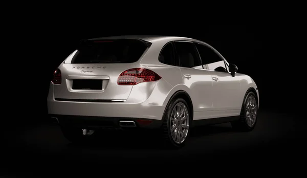 Almaty, Cazaquistão. Juli 28, 2019: Porsche cayenne 958. carro elegante de luxo no escuro, fundo preto. Renderização 3D — Fotografia de Stock