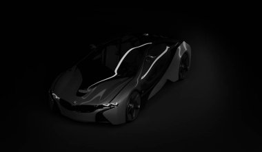 Almaty, Kazakistan 10 Ağustos 2019. Koyu izole arka planda BMW i8 kavramı. 3d hazırlayıcı