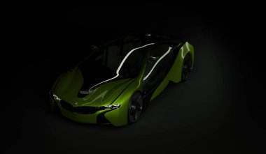 Almaty, Kazakistan 10 Ağustos 2019. Koyu izole arka planda BMW i8 kavramı. 3d hazırlayıcı