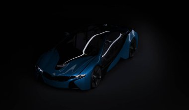 Almaty, Kazakistan 10 Ağustos 2019. Koyu izole arka planda BMW i8 kavramı. 3d hazırlayıcı