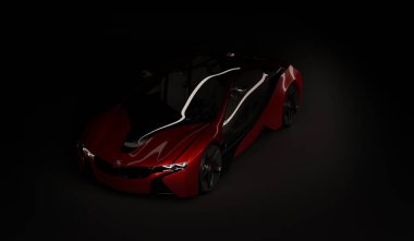 Almaty, Kazakistan 10 Ağustos 2019. Koyu izole arka planda BMW i8 kavramı. 3d hazırlayıcı