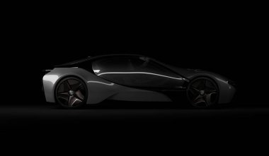 Almaty, Kazakistan 10 Ağustos 2019. Koyu izole arka planda BMW i8 kavramı. 3d hazırlayıcı