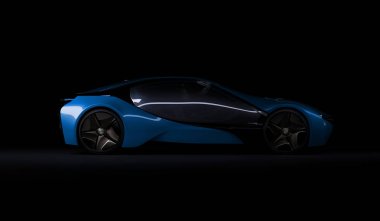 Almaty, Kazakistan 10 Ağustos 2019. Koyu izole arka planda BMW i8 kavramı. 3d hazırlayıcı