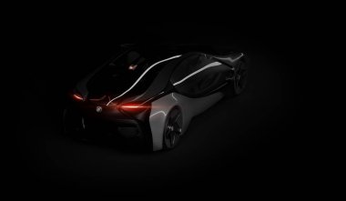 Almaty, Kazakistan 10 Ağustos 2019. Koyu izole arka planda BMW i8 kavramı. 3d hazırlayıcı