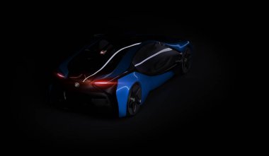 Almaty, Kazakistan 10 Ağustos 2019. Koyu izole arka planda BMW i8 kavramı. 3d hazırlayıcı