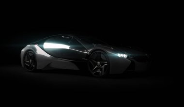 Almaty, Kazakistan 10 Ağustos 2019. Koyu izole arka planda BMW i8 kavramı. 3d hazırlayıcı