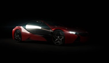 Almaty, Kazakistan 10 Ağustos 2019. Koyu izole arka planda BMW i8 kavramı. 3d hazırlayıcı