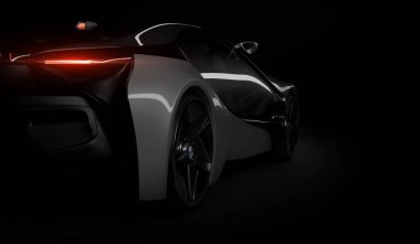 Almaty, Kazakistan 10 Ağustos 2019. Koyu izole arka planda BMW i8 kavramı. 3d hazırlayıcı