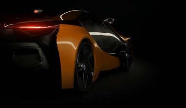 Almaty, Kazakistan 10 Ağustos 2019. Koyu izole arka planda BMW i8 kavramı. 3d hazırlayıcı