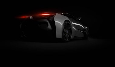 Almaty, Kazakistan 10 Ağustos 2019. Koyu izole arka planda BMW i8 kavramı. 3d hazırlayıcı