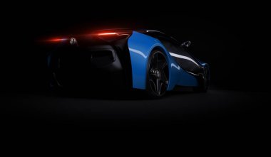 Almaty, Kazakistan 10 Ağustos 2019. Koyu izole arka planda BMW i8 kavramı. 3d hazırlayıcı