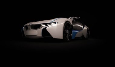 Almaty, Kazakistan 10 Ağustos 2019. Koyu izole arka planda BMW i8 kavramı. 3d hazırlayıcı