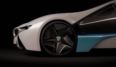 Almaty, Kazakistan 10 Ağustos 2019. Koyu izole arka planda BMW i8 kavramı. 3d hazırlayıcı
