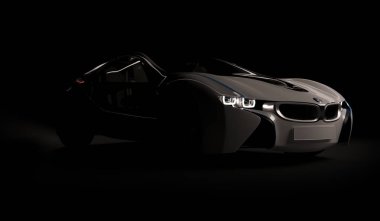 Almaty, Kazakistan 10 Ağustos 2019. Koyu izole arka planda BMW i8 kavramı. 3d hazırlayıcı