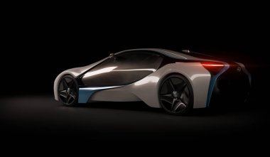 Almaty, Kazakistan 10 Ağustos 2019. Koyu izole arka planda BMW i8 kavramı. 3d hazırlayıcı