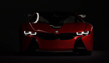 Almaty, Kazakistan 10 Ağustos 2019. Koyu izole arka planda BMW i8 kavramı. 3d hazırlayıcı