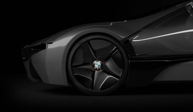Almaty, Kazakistan 10 Ağustos 2019. Koyu izole arka planda BMW i8 kavramı. 3d hazırlayıcı