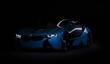 Almaty, Kazakistan 10 Ağustos 2019. Koyu izole arka planda BMW i8 kavramı. 3d hazırlayıcı