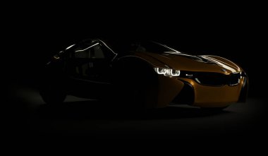 Almaty, Kazakistan 10 Ağustos 2019. Koyu izole arka planda BMW i8 kavramı. 3d hazırlayıcı
