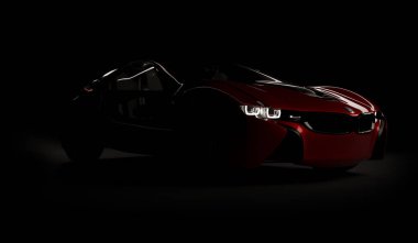 Almaty, Kazakistan 10 Ağustos 2019. Koyu izole arka planda BMW i8 kavramı. 3d hazırlayıcı