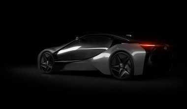 Almaty, Kazakistan 10 Ağustos 2019. Koyu izole arka planda BMW i8 kavramı. 3d hazırlayıcı