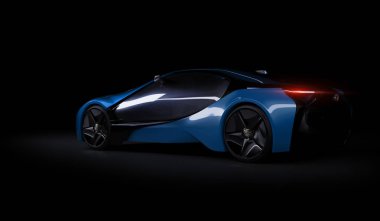 Almaty, Kazakistan 10 Ağustos 2019. Koyu izole arka planda BMW i8 kavramı. 3d hazırlayıcı