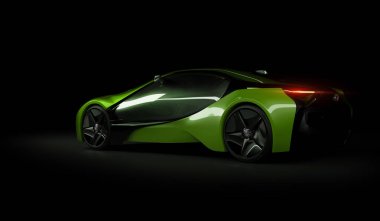 Almaty, Kazakistan 10 Ağustos 2019. Koyu izole arka planda BMW i8 kavramı. 3d hazırlayıcı