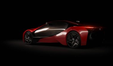 Almaty, Kazakistan 10 Ağustos 2019. Koyu izole arka planda BMW i8 kavramı. 3d hazırlayıcı