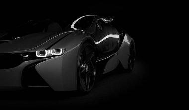 Almaty, Kazakistan 10 Ağustos 2019. Koyu izole arka planda BMW i8 kavramı. 3d hazırlayıcı