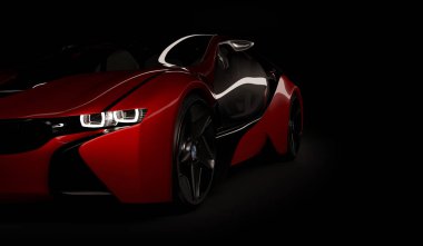 Almaty, Kazakistan 10 Ağustos 2019. Koyu izole arka planda BMW i8 kavramı. 3d hazırlayıcı