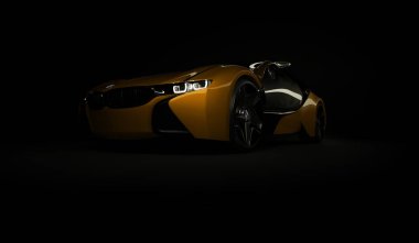 Almaty, Kazakistan 10 Ağustos 2019. Koyu izole arka planda BMW i8 kavramı. 3d hazırlayıcı