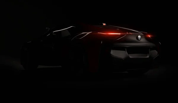 2019年8月10日，哈萨克斯坦阿拉木图。 Bmw i8概念关于黑暗孤立的背景。 3D渲染 — 图库照片