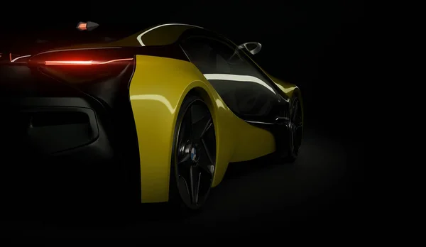 Almaty, Kazakhstan 10 août 2019. Concept BMW i8 sur fond sombre et isolé. rendu 3D — Photo