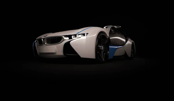 Almaty, Kazajistán 10 de agosto de 2019. Concepto BMW i8 sobre fondo oscuro y aislado. Renderizado 3D — Foto de Stock