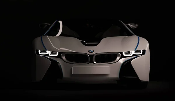 Алматы, Казахстан 10 августа 2019 года. Концепция BMW i8 на темном изолированном фоне. 3D рендеринг — стоковое фото