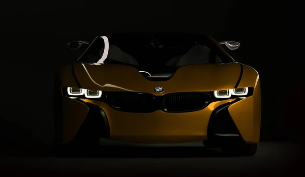 Almaty, Kazakhstan 10 août 2019. Concept BMW i8 sur fond sombre et isolé. rendu 3D — Photo