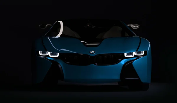 Almaty, Kazajistán 10 de agosto de 2019. Concepto BMW i8 sobre fondo oscuro y aislado. Renderizado 3D —  Fotos de Stock