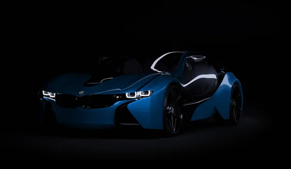 2019年8月10日，哈萨克斯坦阿拉木图。 Bmw i8概念关于黑暗孤立的背景。 3D渲染 — 图库照片