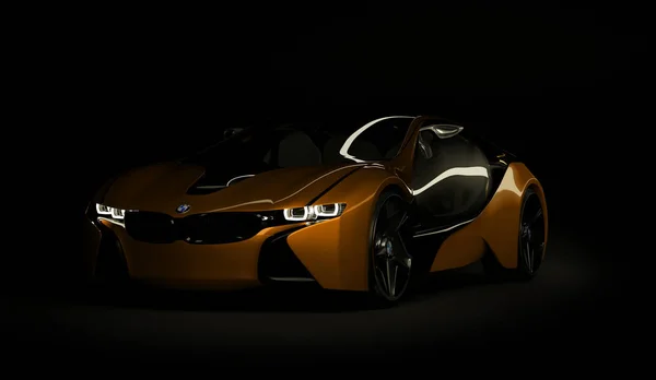 Almaty, Kazakhstan 10 août 2019. Concept BMW i8 sur fond sombre et isolé. rendu 3D — Photo