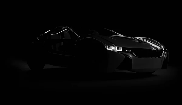 Almaty, Cazaquistão 10 de agosto de 2019. BMW i8 conceito no fundo isolado escuro. Renderização 3D — Fotografia de Stock