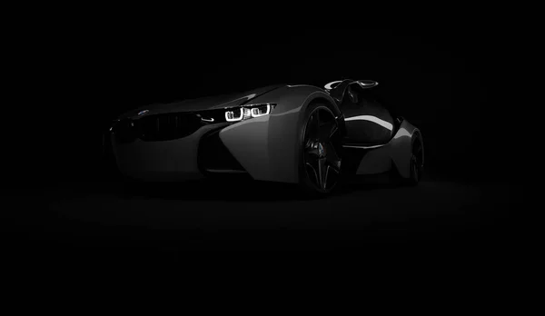 Almaty, Cazaquistão 10 de agosto de 2019. BMW i8 conceito no fundo isolado escuro. Renderização 3D — Fotografia de Stock