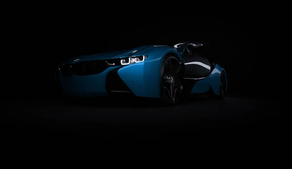 Almaty, Kazakhstan 10 août 2019. Concept BMW i8 sur fond sombre et isolé. rendu 3D — Photo