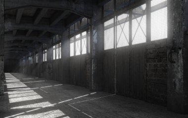 Güneş ışığıyla terk edilmiş fabrika koridoru. 3d hazırlayıcı