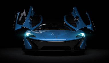 Almaty, Kazakistan - 22 Ekim 2019: koyu arka planda Mclaren P1 stil lüks süper araba. 3d hazırlayıcı