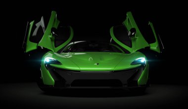Almaty, Kazakistan - 22 Ekim 2019: koyu arka planda Mclaren P1 stil lüks süper araba. 3d hazırlayıcı