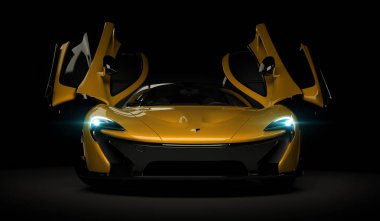 Almaty, Kazakistan - 22 Ekim 2019: koyu arka planda Mclaren P1 stil lüks süper araba. 3d hazırlayıcı