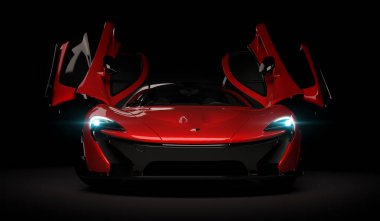 Almaty, Kazakistan - 22 Ekim 2019: koyu arka planda Mclaren P1 stil lüks süper araba. 3d hazırlayıcı